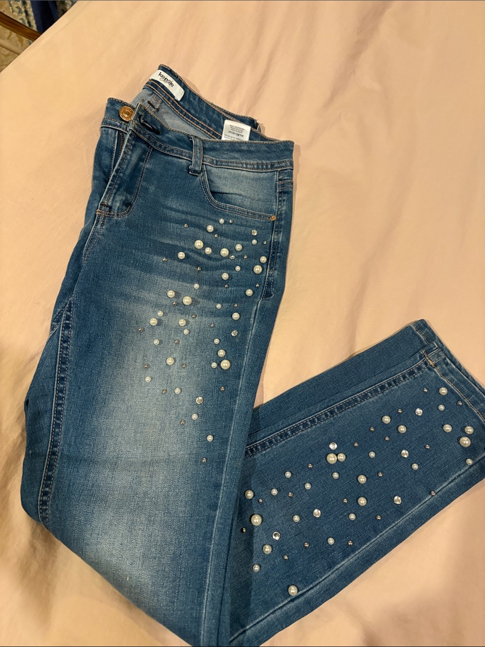 Kensie Blue Skinny Jeans with Pearl & Stud Detail